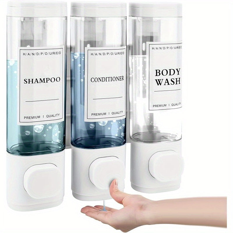 1 dispensador de jabón de pared, libre de ftalatos, tres en uno, no eléctrico, material plástico ABS, no requiere taladrar, con funciones de gel de ducha, champú y acondicionador, para baños, cocinas, mercados, hoteles, restaurantes.