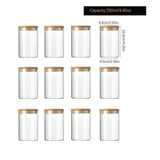 Doce recipientes de almacenamiento de granos, café y mora de vidrio de alta borosilicato de 210ml/280ml/340ml con tapa redonda de madera transparente.