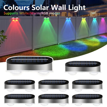 Juego de 2/4/8 luces solares para pared exterior de acero inoxidable, luces solares para exteriores, luces para pared con sensor crepuscular, luces solares para cercas, en modo luz cálida/blanca/RGB, para patios, barandales, jardines y paredes de porche