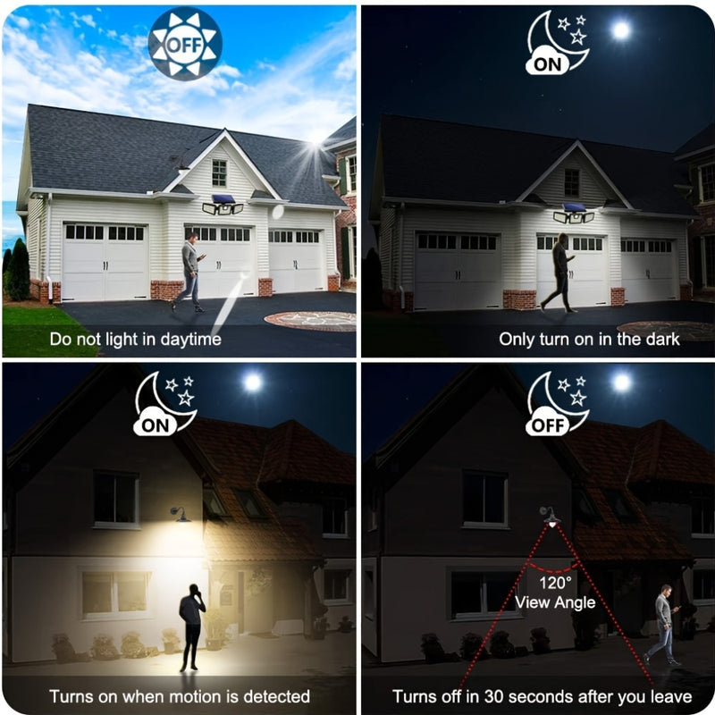 Luz solar exterior con 74 LED, diseño giratorio 360° de 3 cabezas, iluminación en 3 lados, sensor de movimiento con encendido automático, doble batería de alta capacidad, 3 niveles de intensidad, ideal para jardín, garaje, porche y caminos (2 baterías de