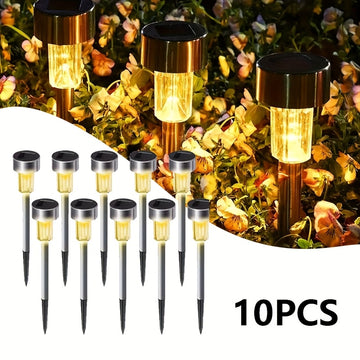 10 piezas de luces LED solares, luces de poste de acero inoxidable para exteriores, adecuadas para patio, césped, camino, terraza, entrada y jardín, decoraciones de fiestas, mejor elección para regalos festivos.