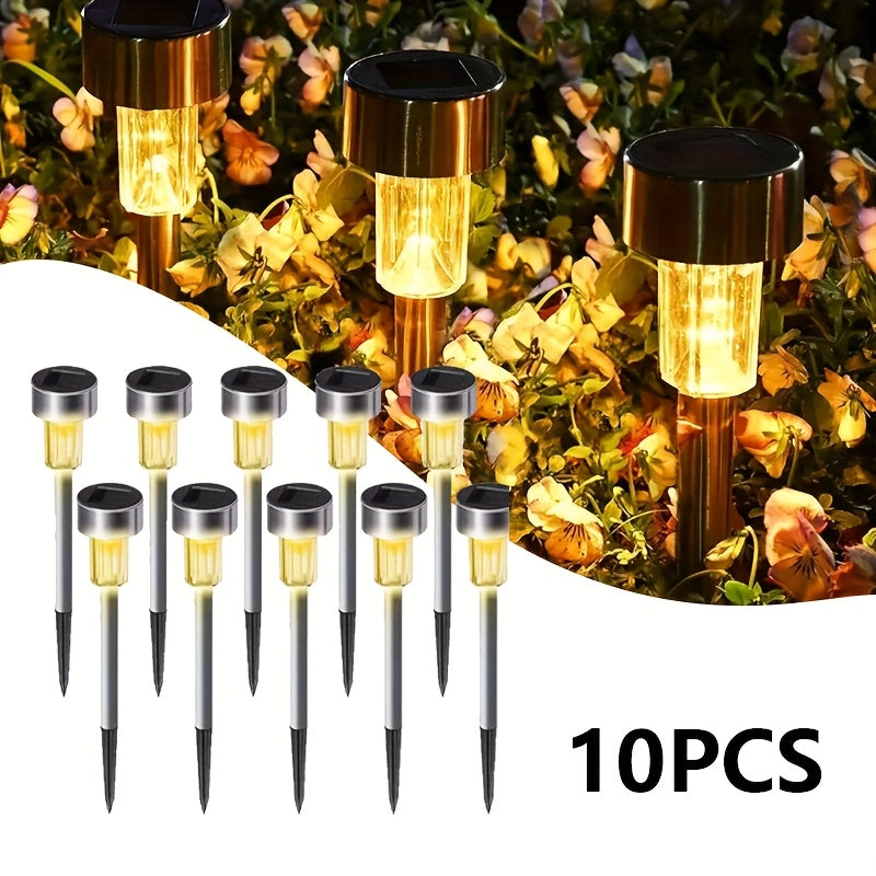 10 piezas de luces LED solares, luces de poste de acero inoxidable para exteriores, adecuadas para patio, césped, camino, terraza, entrada y jardín, decoraciones de fiestas, mejor elección para regalos festivos.
