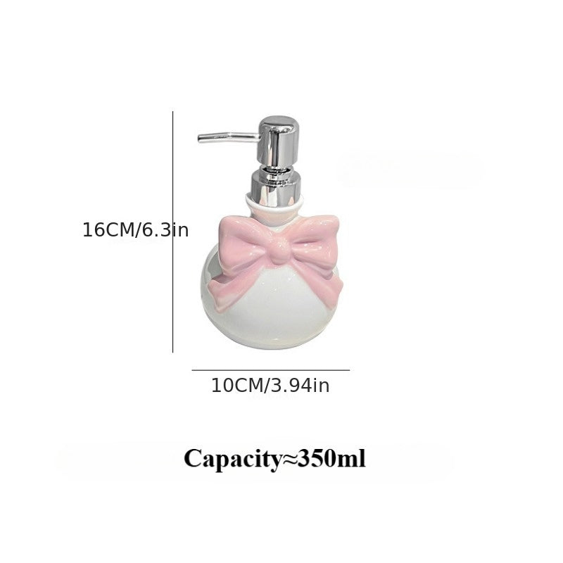 1pc Dispensador de Jabón Cerámico 350ml con Lazos Rosas - Botella Recargable para Champú, Gel de Ducha, Acondicionador y Loción - Decoración Elegante para Baño y Cocina, Accesorios para Hoteles y Hogar, Material Libre de Ftalatos