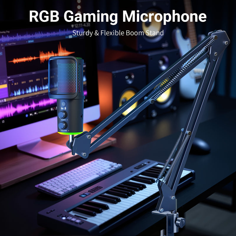 Micrófono de juego RGB RIKSOIN con soporte de boom sólido y flexible, micrófono condensador alimentado por USB para podcasting, transmisión en vivo, juegos - Incluye filtro de pop y botón de silencio, negro, equipo de transmisión en vivo, equipo de audio