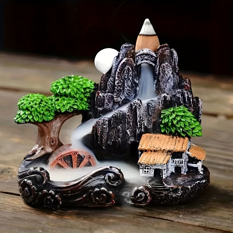1pc Quemador de Incienso Cascada Serena - Resina y Cerámica Artesanal, Diseño de Arquitectura Tradicional China con Función de Emisión de Humo para Yoga y Relajación en Casa, Regalo Ideal, Soporte para Quemador de Incienso