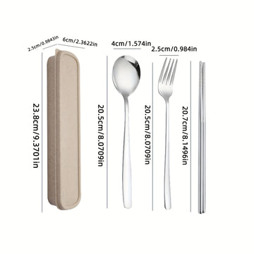 Juego de Cubiertos Portátiles de Acero Inoxidable de 4 Piezas - Duraderos, Resistentes al Óxido, Tenedores, Cucharas y Palillos con Estuche de Viaje - Ideal para Cenas de Bistec, Reuniones al Aire Libre, Camping, Senderismo, Picnics y Uso Diario