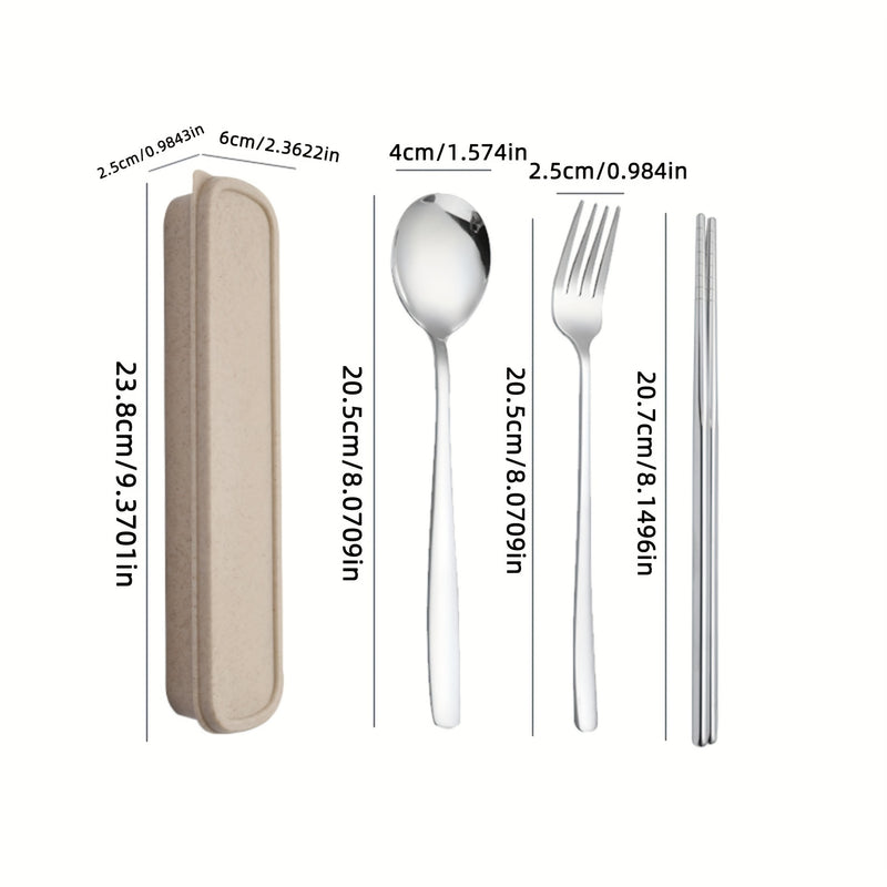 Juego de Cubiertos Portátiles de Acero Inoxidable de 4 Piezas - Duraderos, Resistentes al Óxido, Tenedores, Cucharas y Palillos con Estuche de Viaje - Ideal para Cenas de Bistec, Reuniones al Aire Libre, Camping, Senderismo, Picnics y Uso Diario