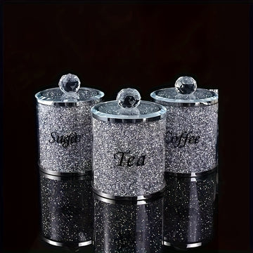 Conjunto de 3 Piezas de Tarros de Vidrio con Diamantes Brillantes para Dulces y Té - Impermeables, Tarros de Almacenamiento Multiusos para Granos de Café, Azúcar y Más, Baúles de Almacenamiento para la Organización del Hogar