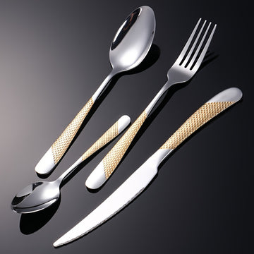 Juego de cubiertos de acero inoxidable con diseño de estrella, 24 piezas - Incluye cuchillo para carne, tenedor, cuchara y cuchara de postre - Ideal para hoteles y restaurantes