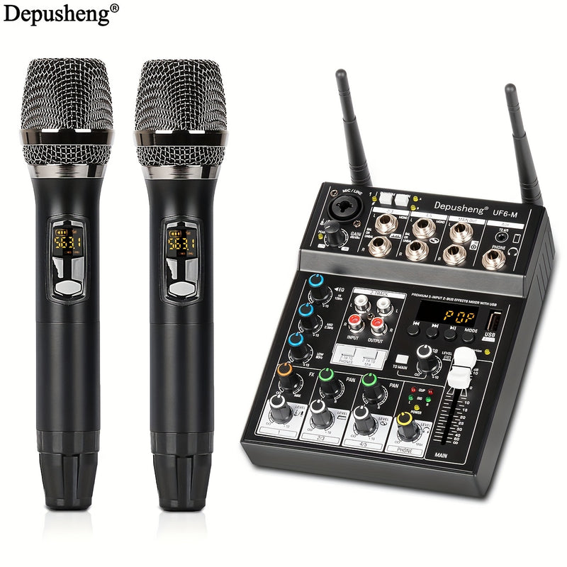Mixer de audio profesional DEPUSHENG UF6-M de 6 canales, alimentado por USB, tensión de funcionamiento ≤36V, material ABS, receptor incorporado, dos micrófonos inalámbricos, consola de mezcla de sonido para vivo, boda, fiesta, grabación, emisión
