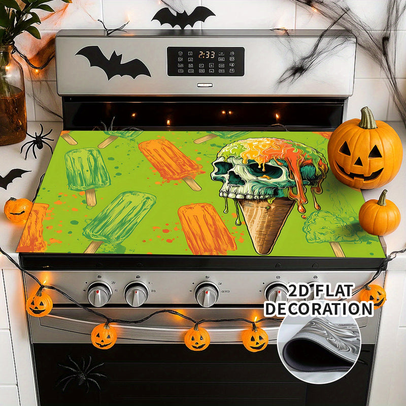 1pc Cubierta para Estufa de Halloween - Decoración Espeluznante, Verde y Naranja, Superficie Antideslizante con Forro de Goma, Compatible con Estufas Eléctricas/Gas, Fácil Instalación para Fiestas de Halloween y Uso Todo el Año, Protector de Cocina, Deco