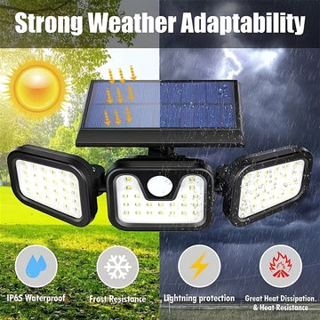 Lámpara de pared solar de 74 LED con tres brazos, iluminación ajustable de múltiples ángulos para patios al aire libre, iluminación activada por humanos y caminos - Impermeable IP65, batería de litio, instalación fácil, iluminación al aire libre | Lámpar