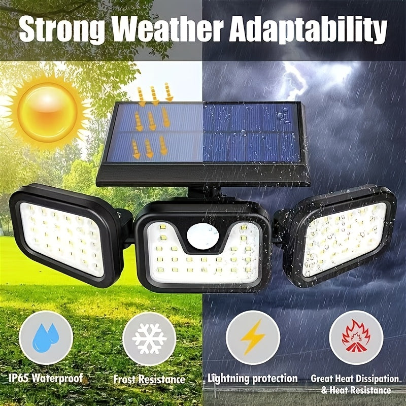 Lámpara de pared solar de 74 LED con tres brazos, iluminación ajustable de múltiples ángulos para patios al aire libre, iluminación activada por humanos y caminos - Impermeable IP65, batería de litio, instalación fácil, iluminación al aire libre | Lámpar
