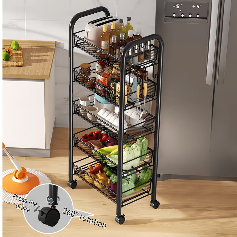 Carrito Multifuncional de Malla con Ruedas, 3-4 Capas Opcionales, Carrito de Almacenamiento de Cocina Metálico, con 3-4 Cestas Metálicas, Ruedas Bloqueables, Apto para Hogar, Oficina, Cocina Negro