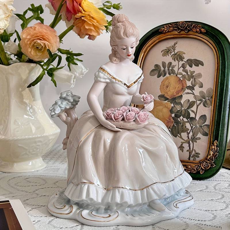 Elegante Figurita de Cerámica Hecha a Mano que Sostiene Rosas - Estilo Europeo Vintage, Ideal para Decoración del Hogar, Bodas y Regalos, Perfecta para el Día de la Madre, San Valentín y Cumpleaños, Decoraciones de Bodas