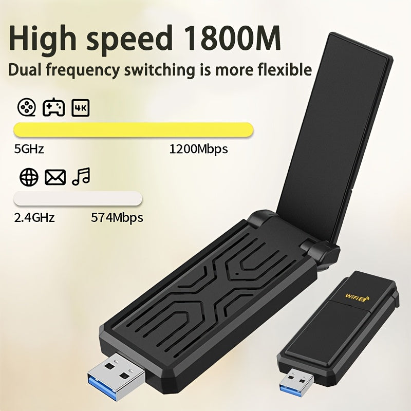 Adaptador sin varillas WiFi 6 USB 3.0 de 1800Mbps, Compatible con PC y Portátil, Adaptador USB WiFi 802.11ax con Tecnología Super USB 3.0 y Seguridad WPA3, Antena Dual de Alta Ganancia 5dBi, Receptor/Transmisor Banda Doble 5.8G/2.4G