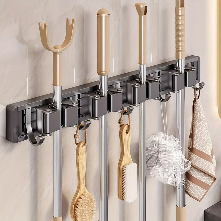 Organizador de pared para escobas y trapeadores, 1 estante metálico con ganchos ajustables, ahorrador de espacio, ideal para baño, cocina, jardín, lavandería o garaje - Acabado lacado, soporte para herramientas y estantes