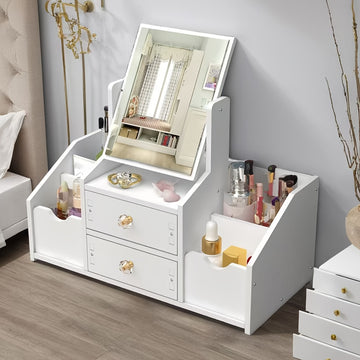 Organizador de Maquillaje de Mostrador con Espejo y Cajón, Caja de Almacenamiento de Cosméticos Impermeable al Polvo para Productos de Cuidado de la Piel, Soporte para iPhone, Sin Necesidad de Electricidad, Caddy de Maquillaje Ligero con Diseño Floral