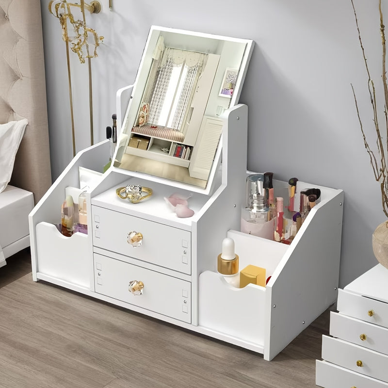 Organizador de Maquillaje de Mostrador con Espejo y Cajón, Caja de Almacenamiento de Cosméticos Impermeable al Polvo para Productos de Cuidado de la Piel, Soporte para iPhone, Sin Necesidad de Electricidad, Caddy de Maquillaje Ligero con Diseño Floral