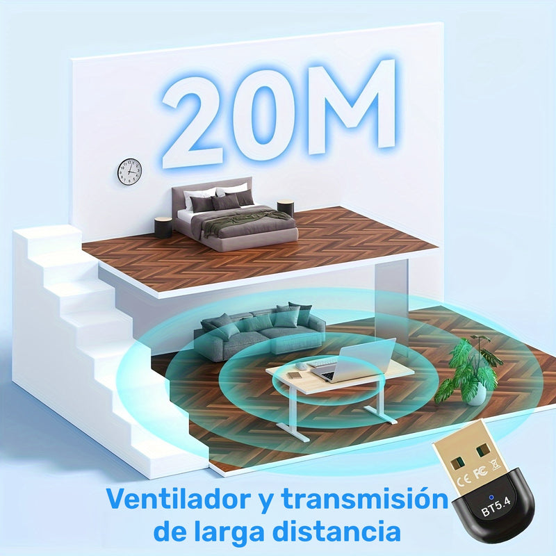 Adaptador sin varillas 5.4 BT, Receptor sin varillas USB, Compatible con Windows 11/10/8.1 Plug & Play Mini Receptor y Transmisor sin varillas 5.4+EDR, Compatible Retrocompatible Automáticamente con 5.3/5.1/5.0/4.2/4.1/4.0 y Otras Versiones para Auricula