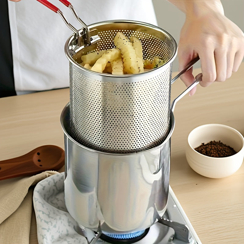 Juego de Freidora y Colador de Acero Inoxidable - Compacto y Fácil de Usar - Ideal para Papas Arrugadas, Patatas Fritas, Pescado y Pollo - Herramienta Esencial en la Cocina del Hogar