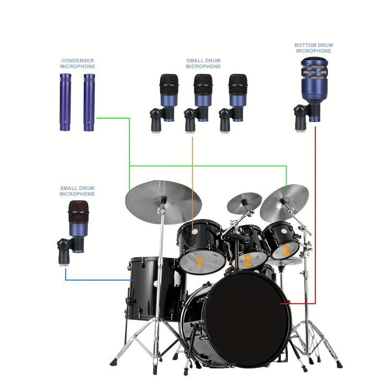 Kit de micrófono de tambor con cable de metal completo - Juego de micrófono de condensador de bajo de bombo para usar con batería, voz, otros instrumentos, completo con inserciones de clip de rosca, soportes de micrófono