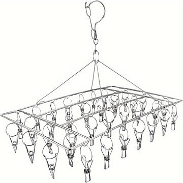 1pc Soporte De Secado De Calcetines De Acero Inoxidable Con Clip Múltiple, Gancho Giratorio A Prueba De Viento, Percha Para Ropa, Soporte De Secado De Ropa Para Calcetines, Sujetadores, Ropa Interior, Accesorios De Lavandería