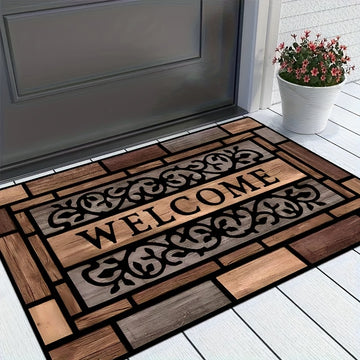 1 alfombra de bienvenida rústica - Resistente, antideslizante de poliéster con respaldo de PVC, diseño elegante en marrón para entrada y decoración del hogar, felpudo para puerta principal