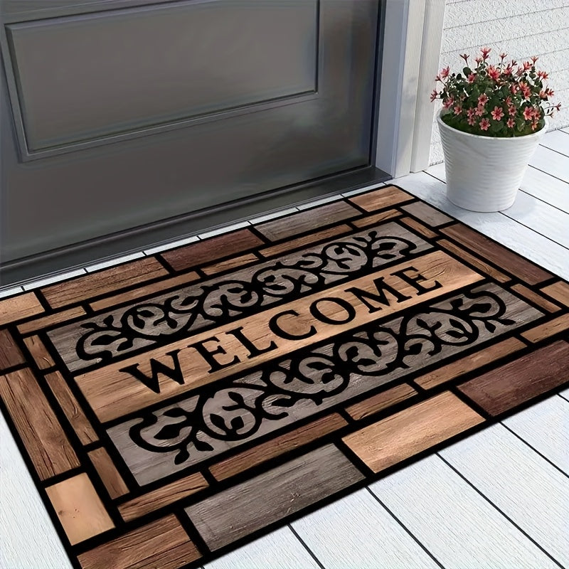 1 alfombra de bienvenida rústica - Resistente, antideslizante de poliéster con respaldo de PVC, diseño elegante en marrón para entrada y decoración del hogar, felpudo para puerta principal