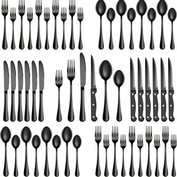 Juego de vajilla de acero inoxidable negro de 24/48 piezas, que incluye cuchillos para bistec, tenedores, cucharas, tenedores y cucharas para postres, adecuado para cocina doméstica/restaurante/hotel/exteriores/fiesta/Día de Halloween/Día del Padre, apto