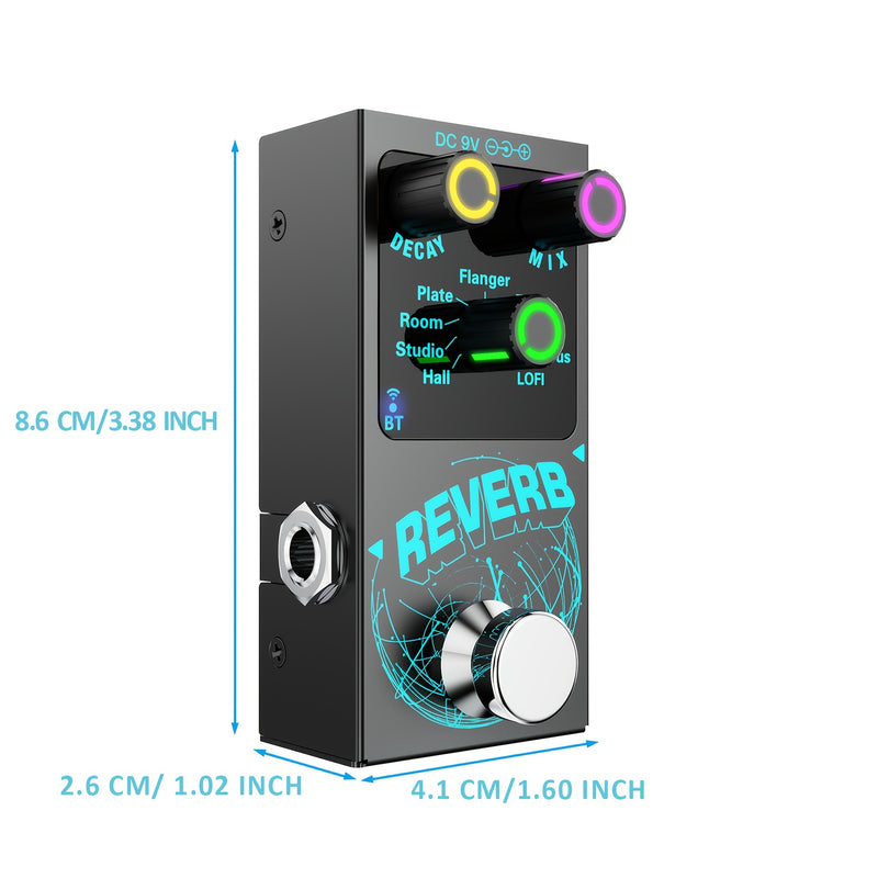 Pedal de Reverb Digital Negro 9-en-1 con Perillas Iluminadas - Incluye Flanger, Plate, Room, Studio, Hall, Tape Echo, Ducking, Chorus, Efectos Low-Fi - Decaimiento/Mix Ajustable, Acompañamiento Inalámbrico, Alimentación DC y Tipo-C, Gran Interruptor de P