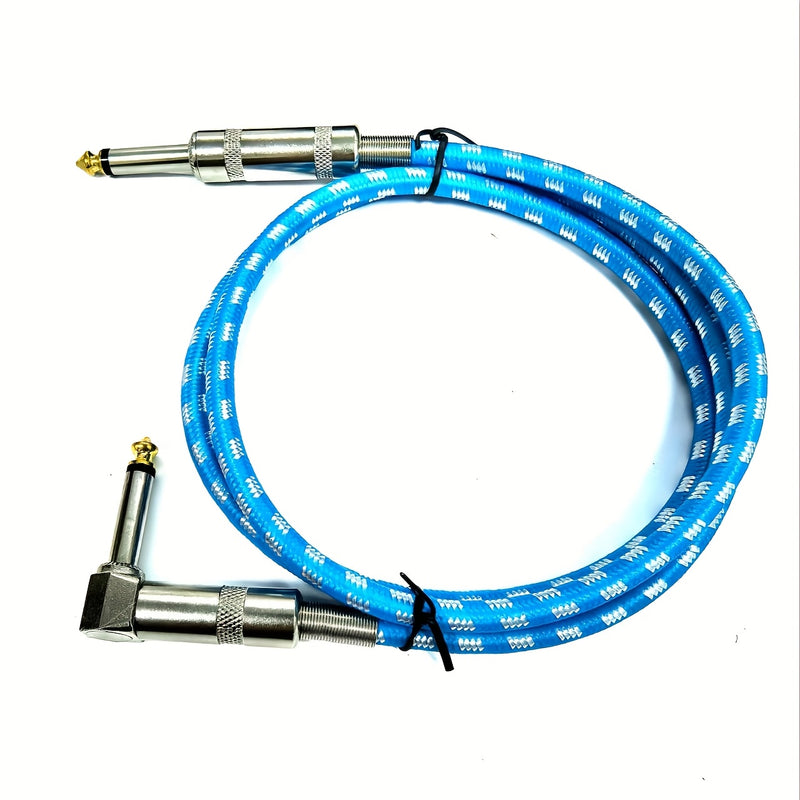 Un cable de audio grueso de 6,35 mm con un conector de ángulo derecho a un conector recto de 6,35 mm.