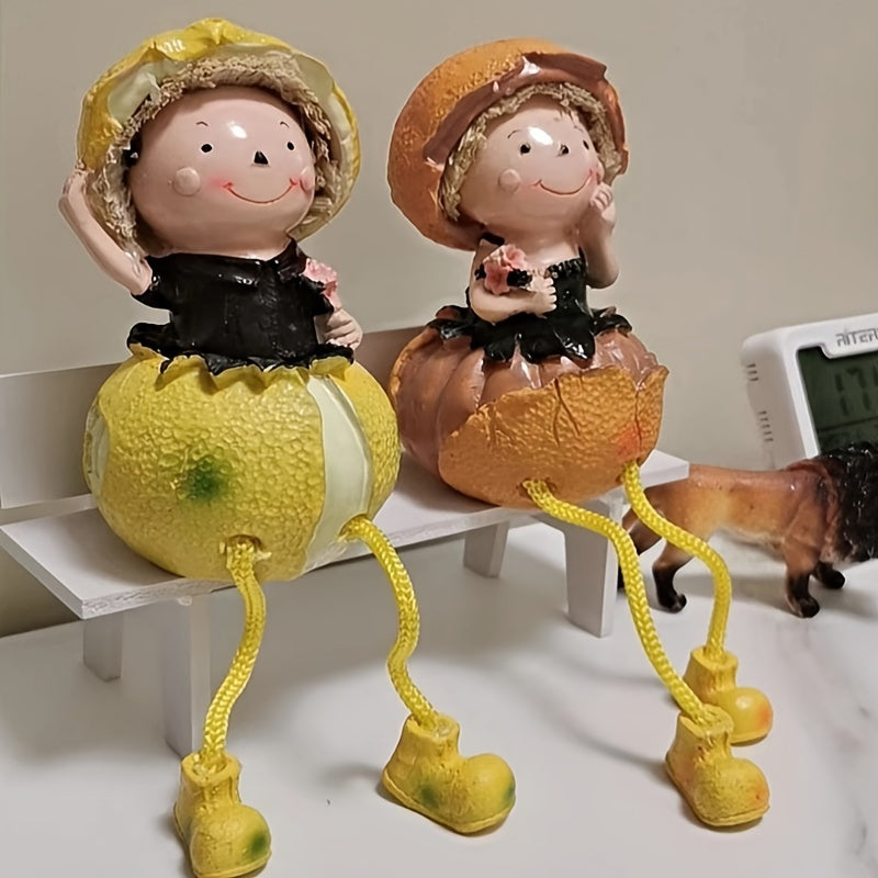 2 piezas de Muñecas de Frutas Caprichosas - Naranja y Limón Adorables Decoración de Escritorio con Sombreros de Paja y Vestidos, Perfectas para Pascua, Habitación, Jardín o Balcón, Accesorio Festivo para el Hogar | Diseño Juguetón | Resina Duradera