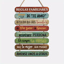 1 pieza de arte de pared de madera moderna con cita de reglas familiares - Señal inspiradora española de colores, adecuada para decoración del hogar y la oficina, fácil de colgar, pintura colgante con cuerda, decoración del hogar.