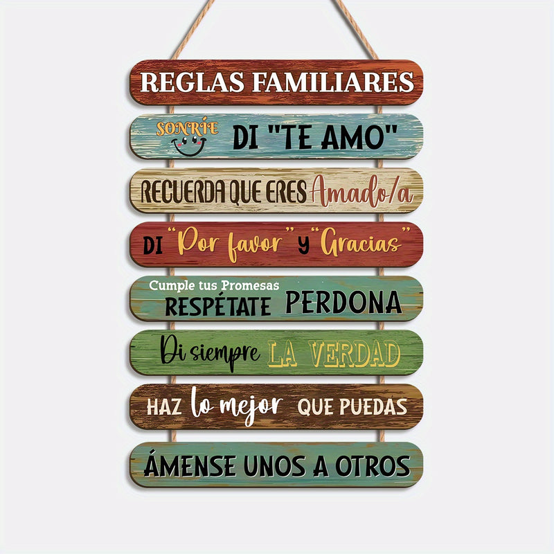 1 pieza de arte de pared de madera moderna con cita de reglas familiares - Señal inspiradora española de colores, adecuada para decoración del hogar y la oficina, fácil de colgar, pintura colgante con cuerda, decoración del hogar.