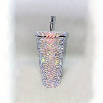 1pc, Vaso Con Tapa Y Pajita Con Incrustaciones Brillantes, Botella De Agua De Acero Inoxidable 304, Tazas De Agua Con Aislamiento Al Vacío De Doble Pared, Bebidas De Verano E Invierno, Accesorios De Viaje, Regalos
