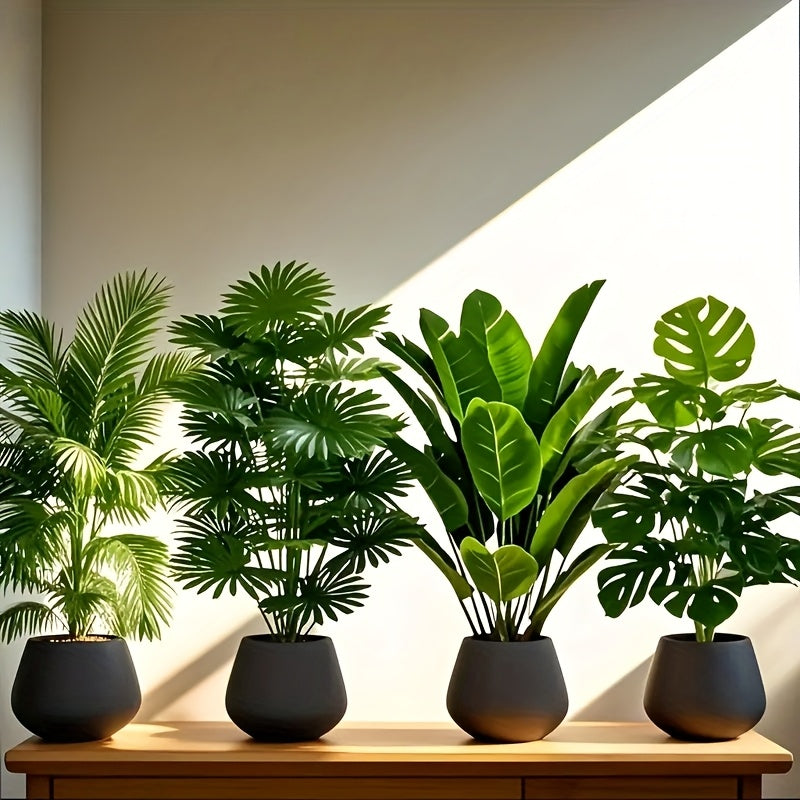 Juego de 4 piezas, incluye combinación de plantas artificiales de hojas grandes. Ideal para exteriores—árbol decorativo tropical de hoja ancha, macetas para interior y exterior todo el año, bodas, hoteles, jardines, patios estilo nórdico, árboles falsos