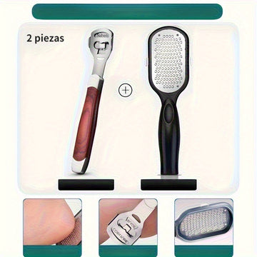 2 piezas, juego profesional de cuidado de pies: Remover + limpiador de pies - Exfolia profundamente la piel muerta, diseño de mango antideslizante, acero inoxidable duradero, perfecto para pedicures en casa y uso en salones, elimine los talones ásperos,
