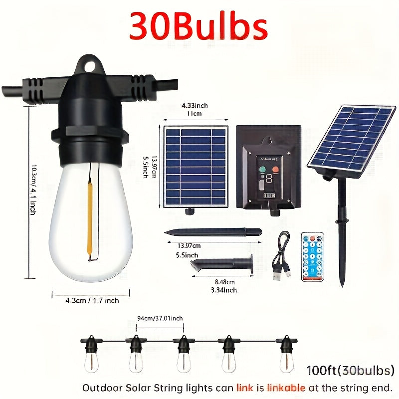Luces solares con control remoto de 30.48 metros (30 bombillas), luces solares de 13.11/30.48 metros con 11/32 bombillas LED S14 irrompibles, luces solares para patio, jardín, balcón, cerca, camping, fiestas al aire libre, color blanco cálido