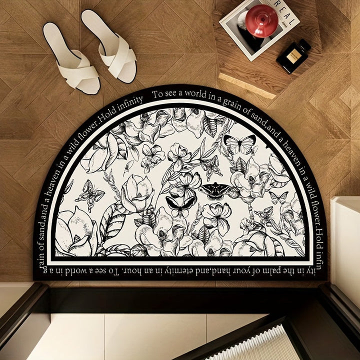 Elegante Alfombra de Baño Floral Semi-Circular - Secado Rápido, Antideslizante, Alfombra de Barro de Diatomeas con Frase Inspiradora, Suave y Duradera, Diseño en Blanco y Negro para Decoración Moderna del Hogar, Decoración de Baño