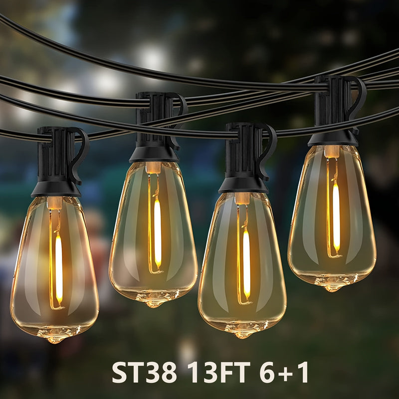Luces de cadena LED ST38 de 30.48 metros / 15.24 metros / 7.62 metros / 3.96 metros para patio exterior. Colgante impermeable, conectables. Enchufes americanos. Cable . Guirnalda para fiesta terrestre. Para bodas en el jardín, Navidad al aire libre. Deco