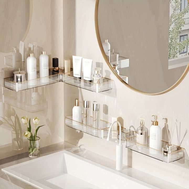 1pc Estantería de baño plegable de montaje en pared de lujo, canasta de plástico sin taladro para artículos de aseo personal, cosméticos, cocina, sin fragancia, organizador sin electricidad, sin batería