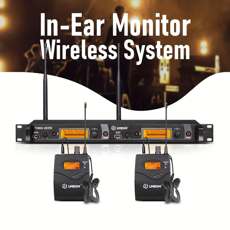 Sistema de Monitores Intraurales Inalámbricos UHF LMBGM AR2090 - Doble Canal, Control Táctil, Ideal para Músicos de Escenario y Estudio (Incluye 2 Cinturones y Transmisor), LMGBM