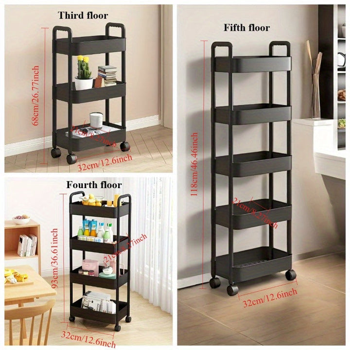 Carrito de Almacenamiento Rodante 3/4/5 Niveles - Organizador Multiusos de Plástico Resistente con Ruedas, Alta Capacidad y Diseño Estable para Dormitorio, Cocina, Camping, Armario, Despensa, Lavandería - Estante Versátil, Bandejas Amplias, Mango Telescó