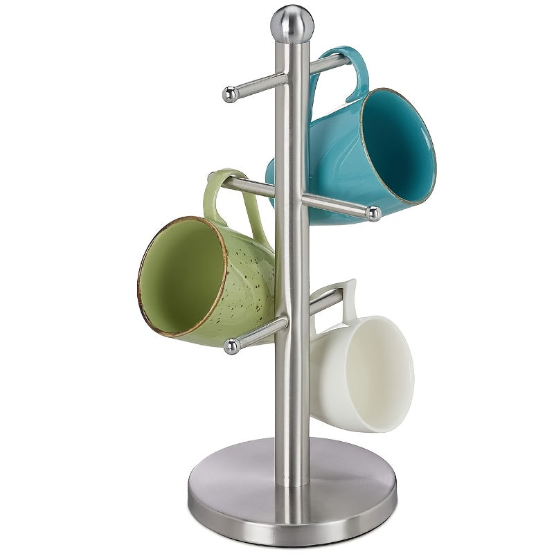 1pc Soporte de árbol de taza de acero inoxidable, acabado pulido, soporte de 6 tazas, con base antideslizante, para almacenamiento de tazas de café y té, mesa plana, encimera de cocina y mesa de gabinete