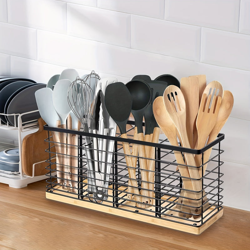 1pc Soporte Ajustable de Utensilios de Cocina de Hierro con 4 Compartimentos, Soporte de Metal Negro Mate con Base de Madera, Organizador de Almacenamiento de Utensilios de Cocina Estilo Granja para Encimeras, Accesorios de Cocina