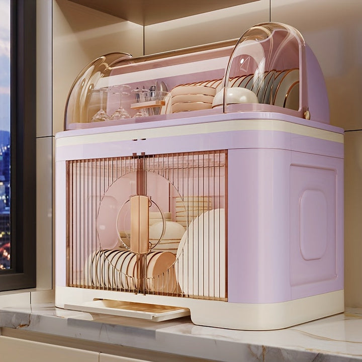 Escurridor de platos plegable de 2/3 niveles, gran capacidad con tapa, gabinete de almacenamiento para cocina con tabla de drenaje, antipolvo - ahorrador de espacio, organizador de vajilla ideal para armarios y encimeras, color morado