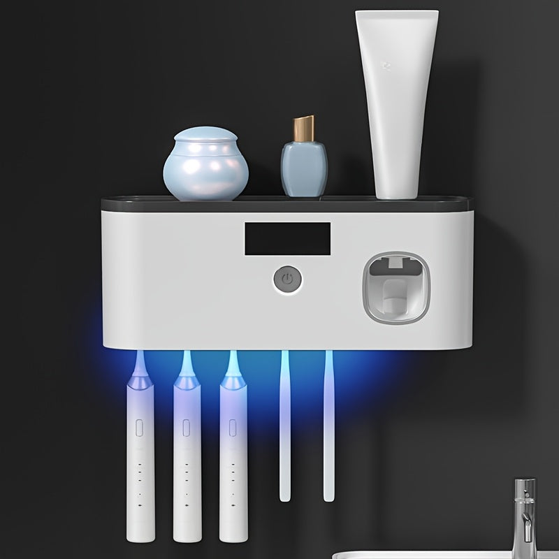Portacepillos inteligente con luz UV, organizador de baño sin taladro, carga USB, 4 compartimentos coloridos, diseño blanco moderno para cepillos de dientes e hilo dental, instalación sin perforaciones, estética contemporánea