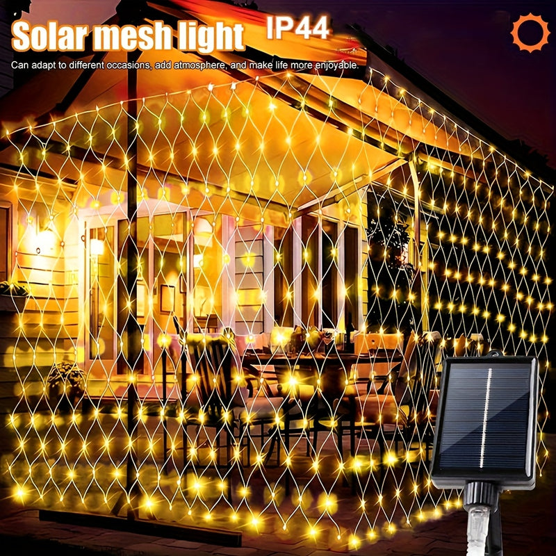 Luz de malla solar IP44 - 8 patrones, luces de cadena LED amarillas para jardín, patio, techo, balcón, árbol de Navidad, centro comercial, ideal para Halloween, Navidad, bodas y fiestas, alimentado por energía solar con batería de litio, luces de camping