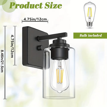 Juego de 2 Apliques de Pared para Baño, Luces Modernas para Tocador, Linternas de Iluminación de Montaje en Pared en Negro Mate, Luces de Pared Estilo Granja con Pantalla de Vidrio Transparente para Dormitorio, Sala de Estar, Pasillo y Cocina (Bombilla I